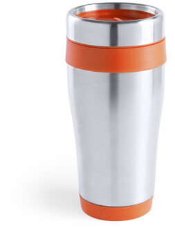 Warmhoudbeker/thermos isoleer koffiebeker/mok - RVS - zilver/oranje - 450 ml - Thermosbeker