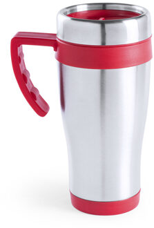 Warmhoudbeker/thermos isoleer koffiebeker/mok - RVS - zilver/rood - 450 ml - Thermosbeker