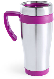 Warmhoudbeker/thermos isoleer koffiebeker/mok - RVS - zilver/roze - 450 ml - Thermosbeker