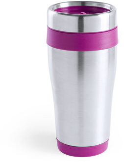 Warmhoudbeker/thermos isoleer koffiebeker/mok - RVS - zilver/roze - 450 ml - Thermosbeker