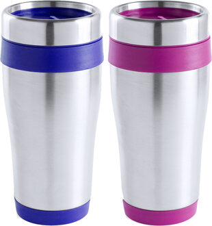Warmhoudbekers/thermos isoleer koffiebekers/mokken - 2x stuks - RVS - donkerblauw en roze - 450 ml - Thermosbeker