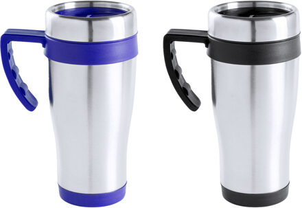 Warmhoudbekers/thermos isoleer koffiebekers/mokken - 2x stuks - RVS - zwart en blauw - 450 ml - Thermosbeker