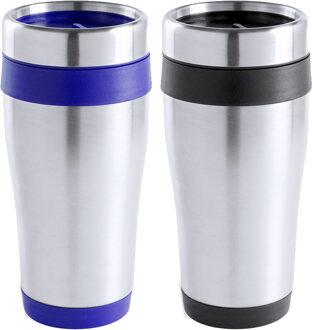 Warmhoudbekers/thermos isoleer koffiebekers/mokken - 2x stuks - RVS - zwart en blauw - 450 ml