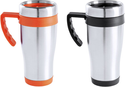 Warmhoudbekers/thermos isoleer koffiebekers/mokken - 2x stuks - RVS - zwart en oranje - 450 ml - Thermosbeker