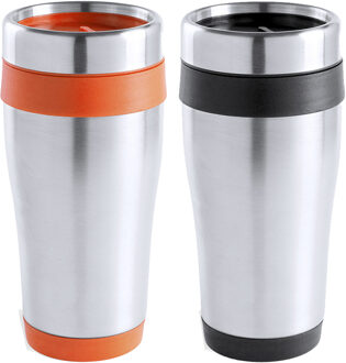 Warmhoudbekers/thermos isoleer koffiebekers/mokken - 2x stuks - RVS - zwart en oranje - 450 ml - Thermosbeker