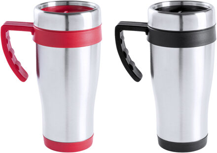 Warmhoudbekers/thermos isoleer koffiebekers/mokken - 2x stuks - RVS - zwart en rood - 450 ml - Thermosbeker