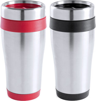 Warmhoudbekers/thermos isoleer koffiebekers/mokken - 2x stuks - RVS - zwart en rood - 450 ml - Thermosbeker