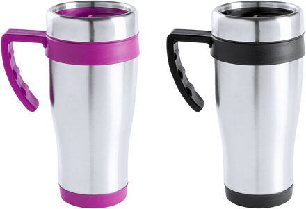 Warmhoudbekers/thermos isoleer koffiebekers/mokken - 2x stuks - RVS - zwart en roze - 450 ml - Thermosbeker