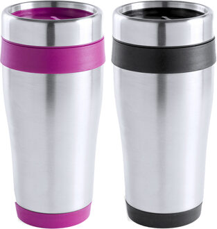 Warmhoudbekers/thermos isoleer koffiebekers/mokken - 2x stuks - RVS - zwart en roze - 450 ml