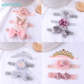 Warmom 3PCS Baby Girls Crown Flower Headband Headwear Set Infant Newborn Princess Elastic Bowknot Lace Hair Accessories Hairband