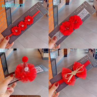 Warmom Baby Girls Festival Red Headband Newborn Birthday Gift Headwear Accessories Kids Bowknot Flower Happy New Year Bandeau