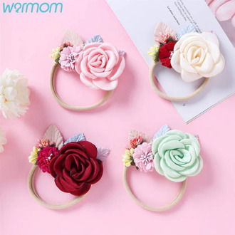 Warmom Pink Flower Seamless Nylon Baby Headband Kids Girls Hair Accessories Handmade Fabric Stitching Hair Band Kids Turban