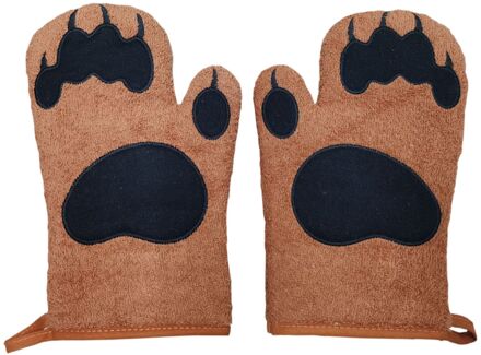 Warmte-Isolerende Handschoenen Geborduurde Beer Poot Canvas Handschoenen Oven Lange Handschoenen Magnetron Anti-Brandwonden Katoen Bakken Keuken Handschoenen bruin