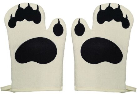 Warmte-Isolerende Handschoenen Geborduurde Beer Poot Canvas Handschoenen Oven Lange Handschoenen Magnetron Anti-Brandwonden Katoen Bakken Keuken Handschoenen creamy-wit