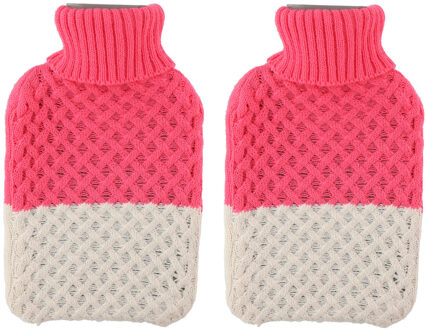 Warmwater Kruik - 2x - 2 liter - met gebreide hoes - roze/beige - bedkruik