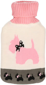 Warmwater kruik met wit/roze honden hoes 2 liter