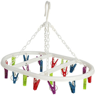 Wasgoed droogcarrousel/droogmolen - 20 clips/knijpers - multi kleuren - kunststof - 29 x 42 cm - Hangdroogrek Multikleur