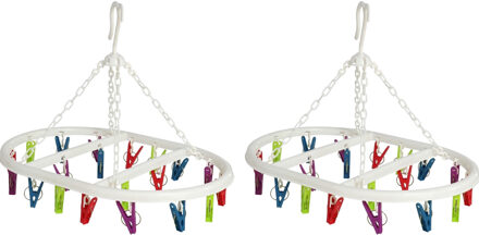 Wasgoed droogcarrousel/droogmolen - 2x - 20 clips/knijpers - multi kleuren - kunststof - 29 x 42 cm