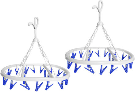 Wasgoed droogcarrousel/droogmolen - 2x - 20 clips/knijpers - wit/blauw - kunststof - 29 x 42 cm