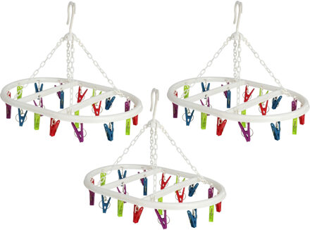 Wasgoed droogcarrousel/droogmolen - 3x - 20 clips/knijpers - multi kleuren - kunststof - 29 x 42 cm