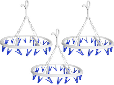 Wasgoed droogcarrousel/droogmolen - 3x - 20 clips/knijpers - wit/blauw - kunststof - 29 x 42 cm