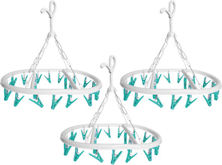 Wasgoed droogcarrousel/droogmolen - 3x - 20 clips/knijpers - wit/groen - kunststof - 29 x 42 cm