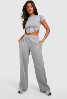 Washed Corset Hem Seam Detail Top And Jogger Set, Charcoal - M