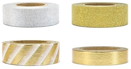 Washi tape sierlinten/plakband set - zilver en goud tinten mix - 4x rollen - 1000 cm - knutselen