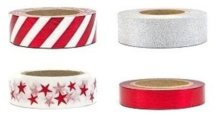 Washi tape sierlinten set zilver/rood 15 mm - Washi tape Multikleur