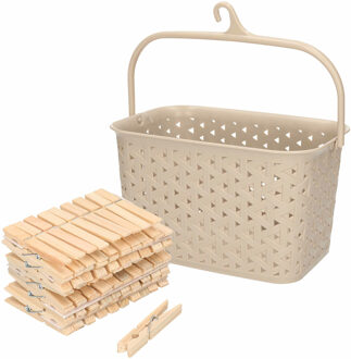 Wasknijpers mandje met ophanghaak - beige - gevuld met 100x houten wasknijpers van 7 cm - knijperszakken