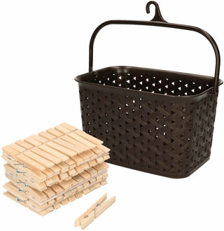 Wasknijpers mandje met ophanghaak - bruin - gevuld met 100x houten wasknijpers van 7 cm