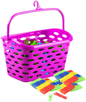 Wasknijpers ophang mandje/bakje - fuchsia roze - met 72x plastic knijpers