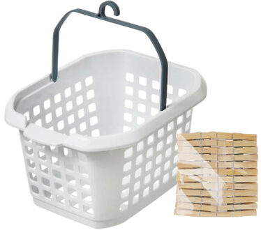 Wasknijpers ophang mandje/bakje - wit - met 48x bamboe knijpers