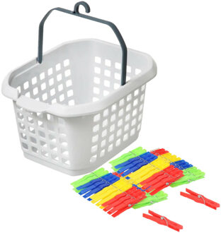 Wasknijpers ophang mandje/bakje - wit - met 48x plastic knijpers