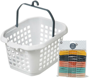 Wasknijpers ophang mandje/bakje - wit - met 52x plastic knijpers