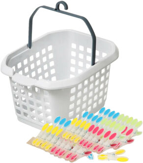 Wasknijpers ophang mandje/bakje - wit - met 60x plastic soft grip knijpers