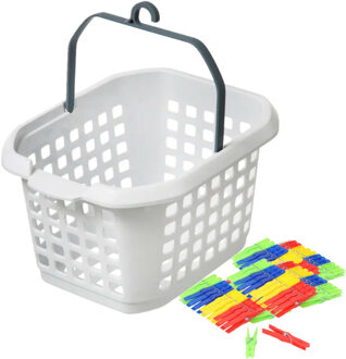 Wasknijpers ophang mandje/bakje - wit - met 72x plastic knijpers