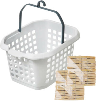 Wasknijpers ophang mandje/bakje - wit - met 96x bamboe knijpers