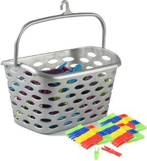 Wasknijpers ophang mandje/bakje - zilver - met 72x plastic knijpers