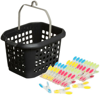 Wasknijpers ophang mandje/bakje - zwart - met 40x plastic soft grip knijpers
