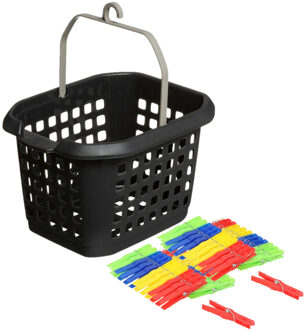 Wasknijpers ophang mandje/bakje - zwart - met 48x plastic knijpers