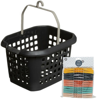 Wasknijpers ophang mandje/bakje - zwart - met 52x plastic knijpers