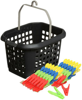 Wasknijpers ophang mandje/bakje - zwart - met 56x plastic soft grip knijpers