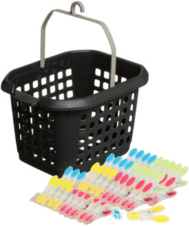 Wasknijpers ophang mandje/bakje - zwart - met 60x plastic soft grip knijpers