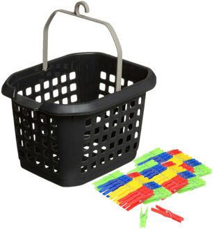 Wasknijpers ophang mandje/bakje - zwart - met 72x plastic knijpers