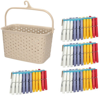 Wasknijpers ophangmandje met haak - beige - en 96x gekleurde wasknijpers van 7,5 cm - knijperszakken