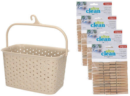 Wasknijpers ophangmandje met haak - beige - en 96x houten wasknijpers van 7 cm