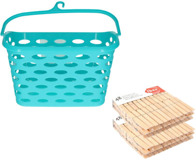 Wasknijpers ophangmandje met haak - blauw - en 96x houten wasknijpers van ibex