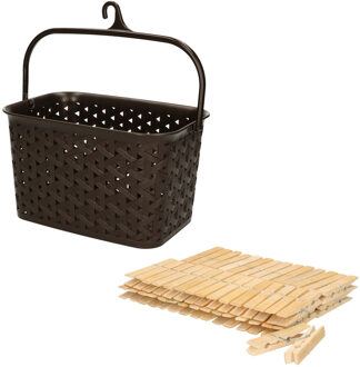 Wasknijpers ophangmandje met haak - bruin - en 60x houten wasknijpers van 7 cm