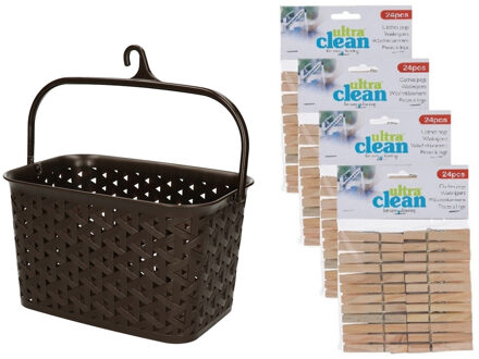 Wasknijpers ophangmandje met haak - bruin - en 96x houten wasknijpers van 7 cm